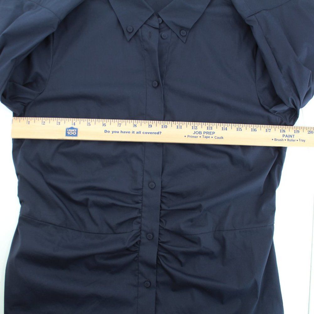 LUISA CERANO Dark Blue Cotton Stretch Shirt Dress Ruched Front Button Midi SZ 10 - Picture 14 of 15